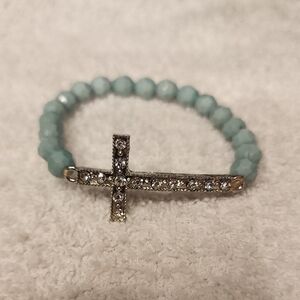 Crystal Cross Stretch Bracelet - Light Aqua Beaded Women's Jewelry